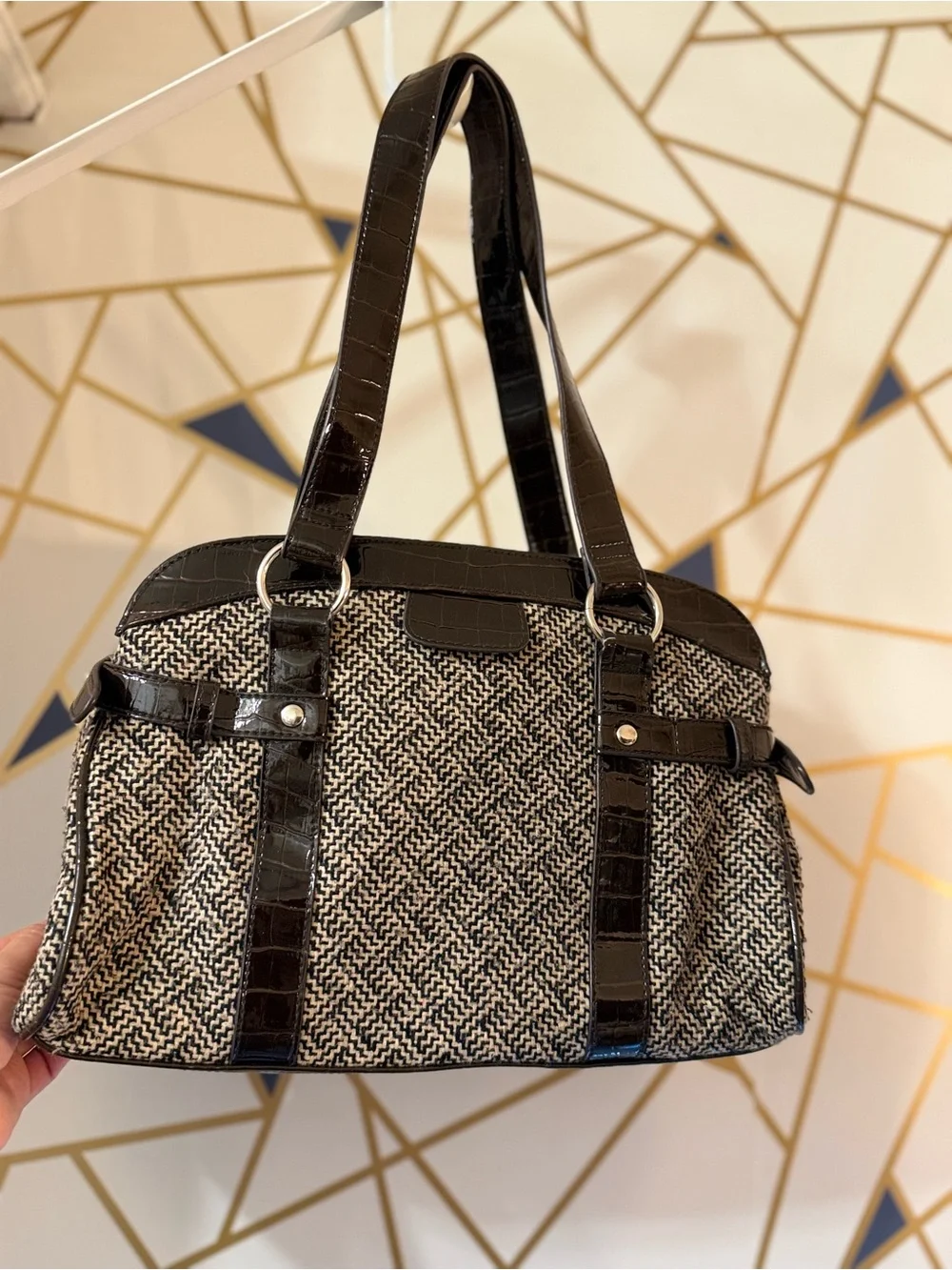 Apt. 9 brown and White Woven Tote with Patent Trim